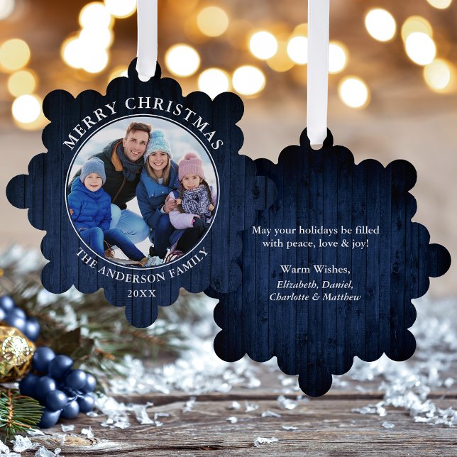 Rustic Merry Christmas Blue Wood Print Tree Decoration Card (A greeting card that is also an ornament! Customize with your photo and personalized text.)
