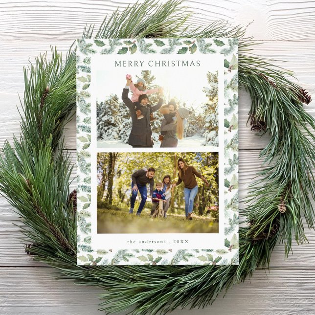 Rustic Merry Christmas Botanical 2 Photo Holiday Card (Creator Uploaded)