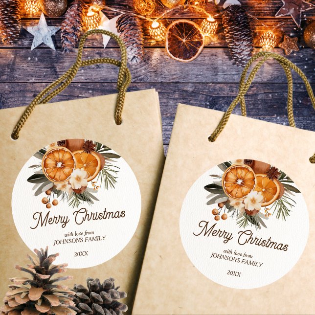 Rustic Merry Christmas botanical dry citrus  Classic Round Sticker (Rustic Merry Christmas botanical dry citrus Merry Christmas Sticker template)