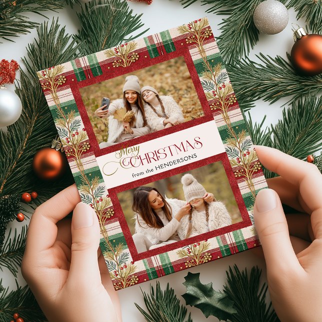Rustic Merry Christmas Botanical Plaid 2 Photo Holiday Card (Creator Uploaded)
