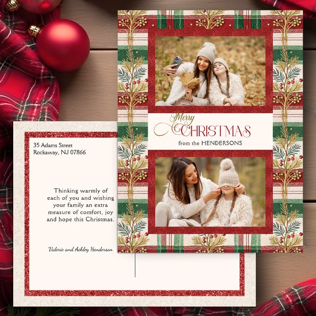Rustic Merry Christmas Botanical Plaid 2 Photo Postcard (Creator Uploaded)