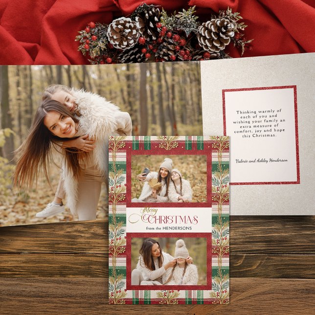Rustic Merry Christmas Botanical Plaid 2 Photo Tri-Fold Card (Creator Uploaded)