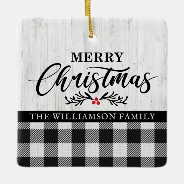 Rustic Merry Christmas Buffalo Plaid Family Photo  Ceramic Ornament (Front)
