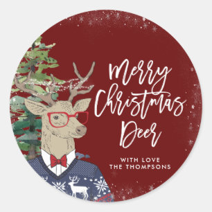 rustic merry christmas deer holiday classic round sticker