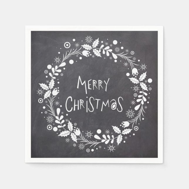 Rustic Merry Christmas Floral Wreath Chalkboard Napkin (Front)