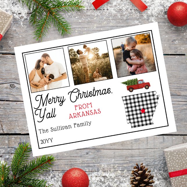 Rustic Merry Christmas from Arkansas Photo Holiday (Rustic "Merry Christmas Y'all from Arkansas" Three Photo and State Holiday Postcard)