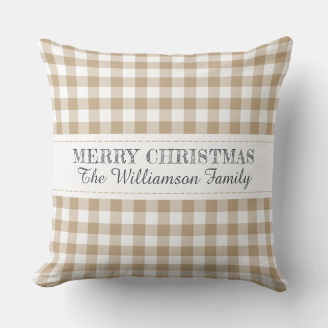 Rustic Merry Christmas Gingham Monogram Name Cushion (Front)