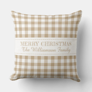 Rustic Merry Christmas Gingham Monogram Name Cushion
