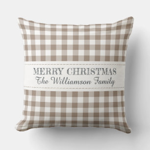 Rustic Merry Christmas Gingham Monogram Name Cushion