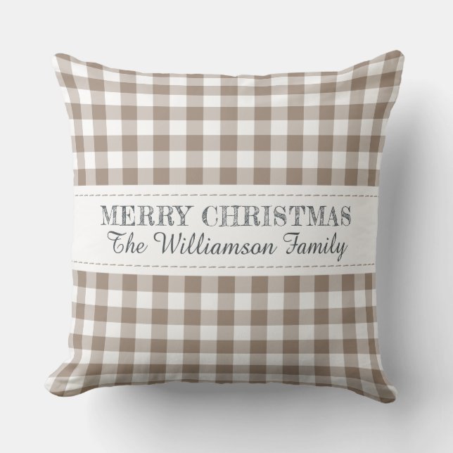Rustic Merry Christmas Gingham Monogram Name Cushion (Front)