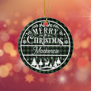 Rustic Merry Christmas Green & Black Plaid Custom Ceramic Ornament