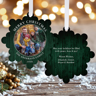 Rustic Merry Christmas Green Wood Print Tree Decoration Card