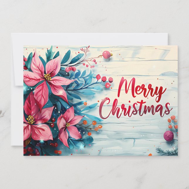 Rustic Merry Christmas Greeting Card with Flowers (Front)