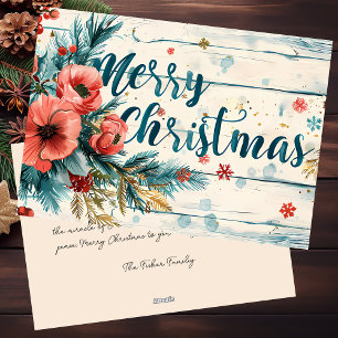 Rustic Merry Christmas Greeting Card with Flowers