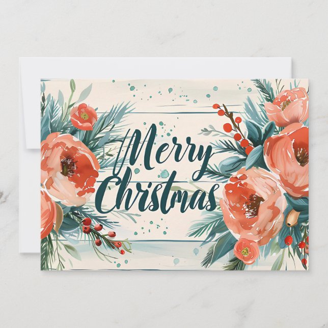 Rustic Merry Christmas Greeting Card with Flowers (Front)