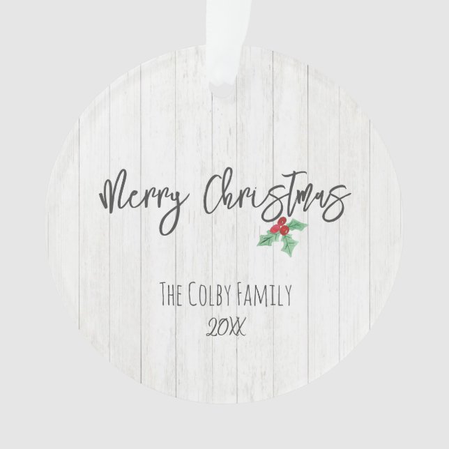Rustic Merry Christmas Holly Barn Family Photo Ornament (Front)