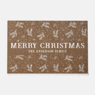 Rustic Merry Christmas Holly Berries Craft paper Doormat