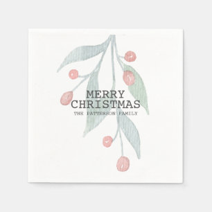Rustic Merry Christmas Holly Berry Watercolor red  Napkin