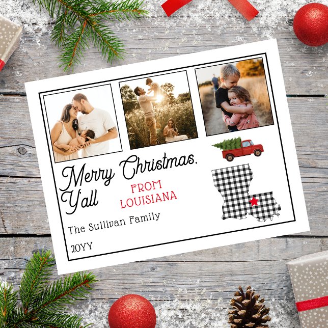 Rustic Merry Christmas Louisiana Photo Holiday (Rustic "Merry Christmas Y'all from Louisiana" Three Photo and State Holiday Postcard)
