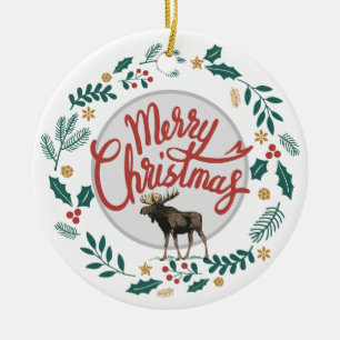 Rustic Merry Christmas Moose With Holly & Pine Ceramic Ornament