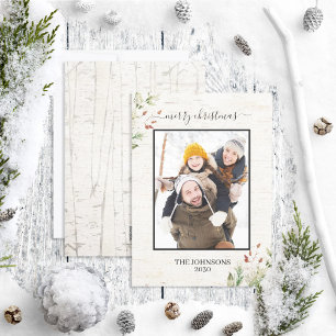 Rustic Merry Christmas Neutral Natural Birch Photo Holiday Card