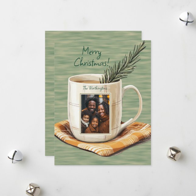 Rustic Merry Christmas Photo Mug Flat Holiday Card (Front/Back In Situ)