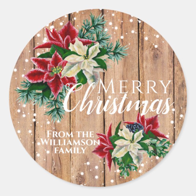 Rustic Merry Christmas Poinsettia Floral Classic Round Sticker (Front)