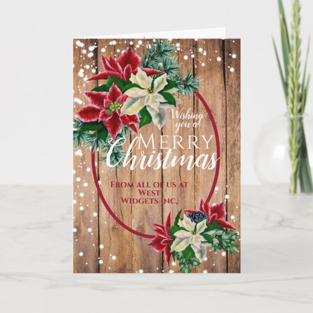Rustic Merry Christmas Poinsettia Floral Holiday Card (Front)