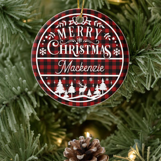 Rustic Merry Christmas Red & Black Plaid Custom Ceramic Ornament