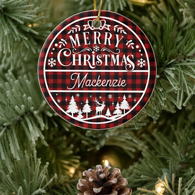 Rustic Merry Christmas Red & Black Plaid Custom Ceramic Ornament (Creator Uploaded)