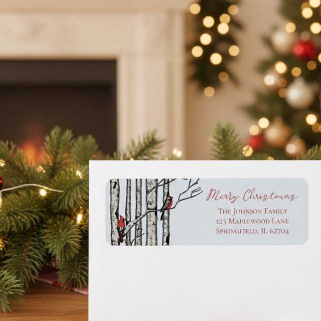 Rustic Merry Christmas Red Cardinal Return Address Label (Modern Holiday Festive Christmas Return Address Labels. Red Cardinal Birch Seasonal Mailing Stickers)