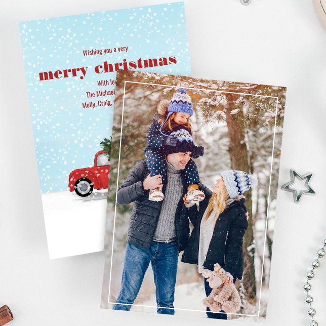 Rustic Merry Christmas Red Truck One Photo Holiday Card (Rustic red truck holiday photo card. Watercolor winter design. )