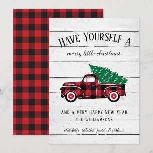 Rustic Merry Christmas Tree Vintage Red Truck Name Holiday Card