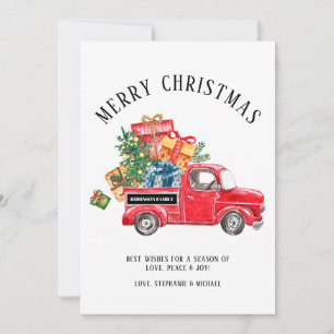 Rustic Merry Christmas Tree Vintage Red Truck Name Holiday Card