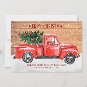 Rustic Merry Christmas Tree Vintage Red Truck Name Holiday Card