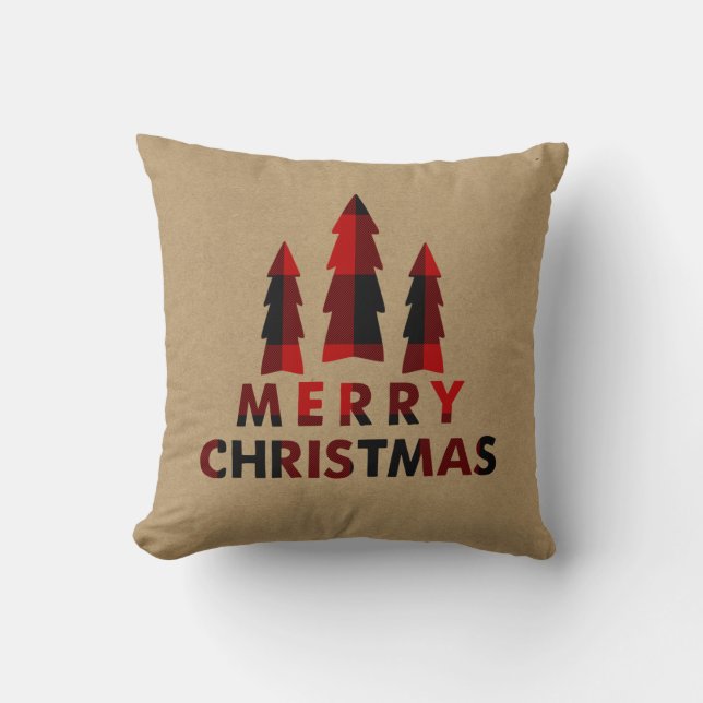 Rustic Merry Christmas Trees Red Buffalo Plaid Cushion (Front)