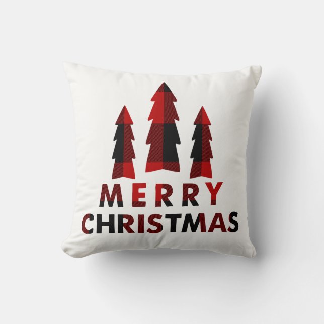 Rustic Merry Christmas Trees Red Buffalo Plaid Cushion (Front)