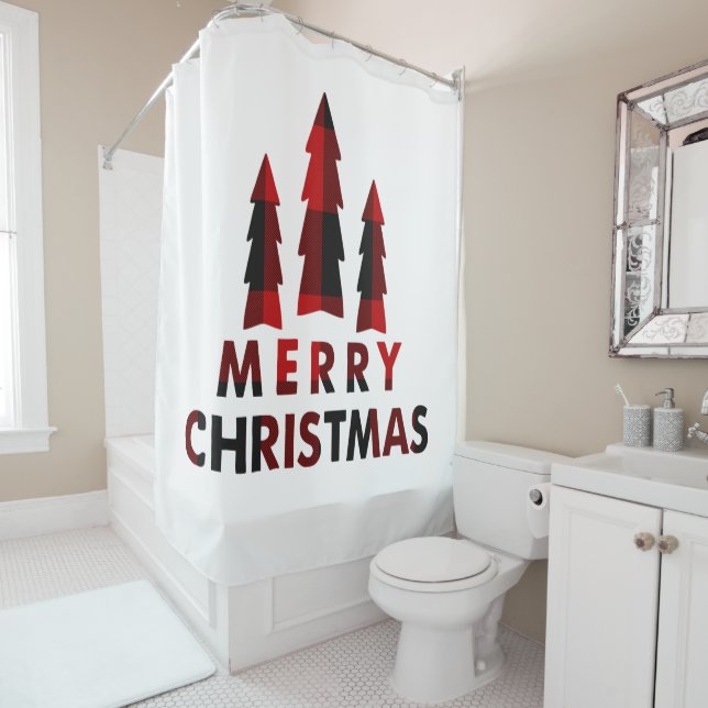Rustic Merry Christmas Trees Red Buffalo Plaid Shower Curtain (In Situ)
