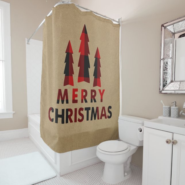 Rustic Merry Christmas Trees Red Buffalo Plaid Shower Curtain (In Situ)