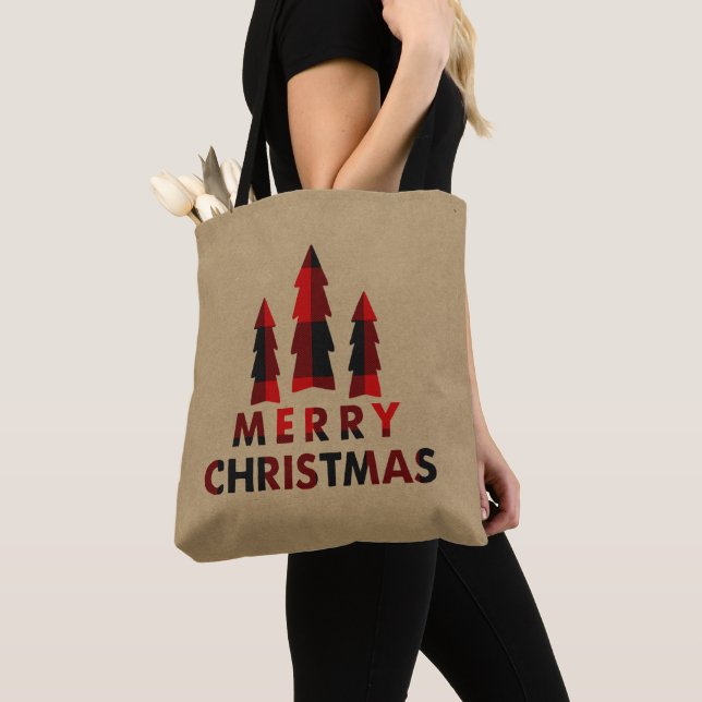 Rustic Merry Christmas Trees Red Buffalo Plaid Tote Bag (Close Up)