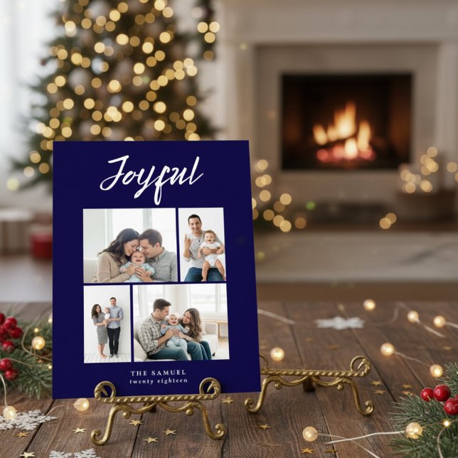 Rustic Merry Four Family Photo Collage Navy Blue Holiday Card (Creator Uploaded)