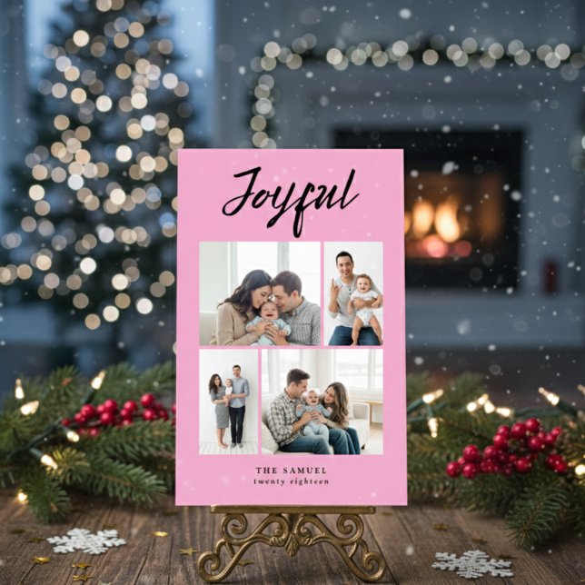 Rustic Merry Four Family Photo Collage Pink Holiday Card (Creator Uploaded)