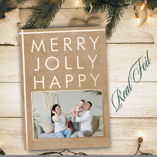 Rustic Merry Jolly Happy Family Photo Christmas Foil Holiday Card