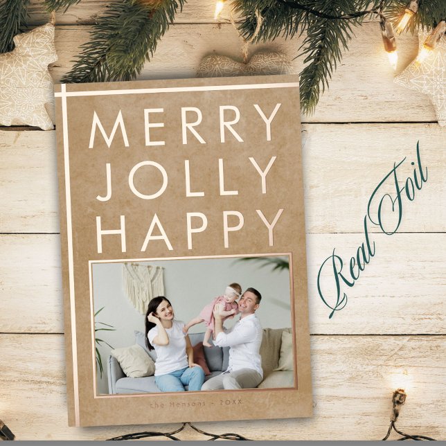 Rustic Merry Jolly Happy Family Photo Christmas  Foil Holiday Card (Creator Uploaded)