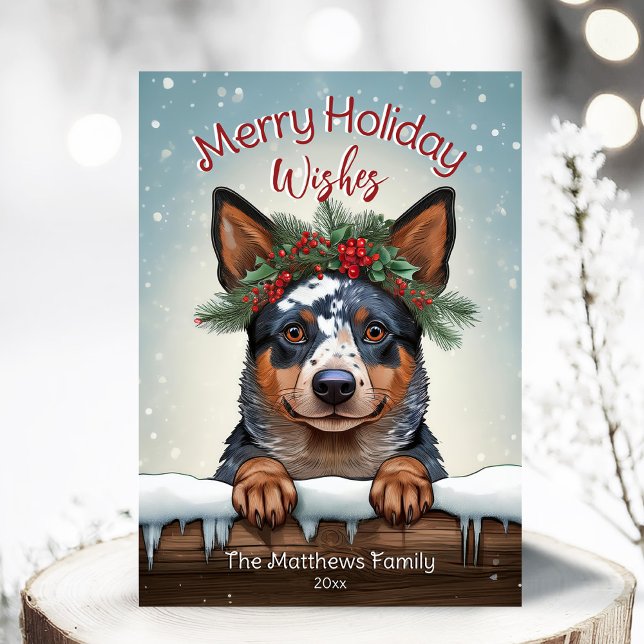 Rustic Merry Wishes Australian Cattle Dog Snowy Holiday Card (Adorable Winter Snowy Scene With Peeking Dogs or Farm/Woodland Animals - Over 50 to Choose From!)