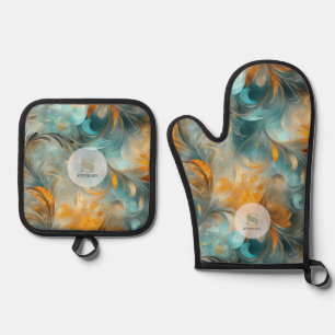 Rustic Metallic Paisley Abstract -Vintage-Inspired Oven Mitt & Pot Holder Set