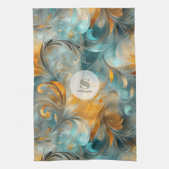 Rustic Metallic Paisley Abstract -Vintage-Inspired Tea Towel (Vertical)