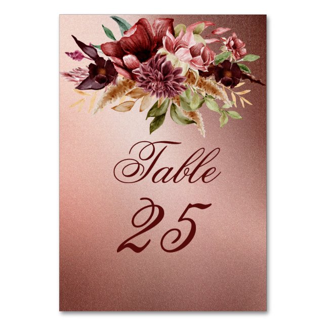 Rustic metallic rose gold terracotta roses table number (Back)