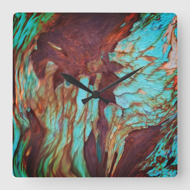 Rustic Metallic Rust Paint Effect. Industrial Art Square Wall Clock (Front)