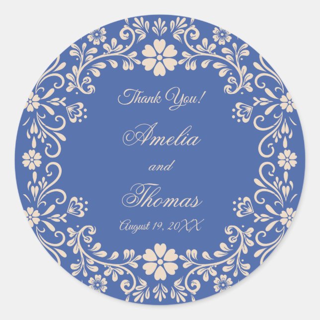 Rustic Mexican Blue Wedding Thank You Classic Round Sticker (Front)